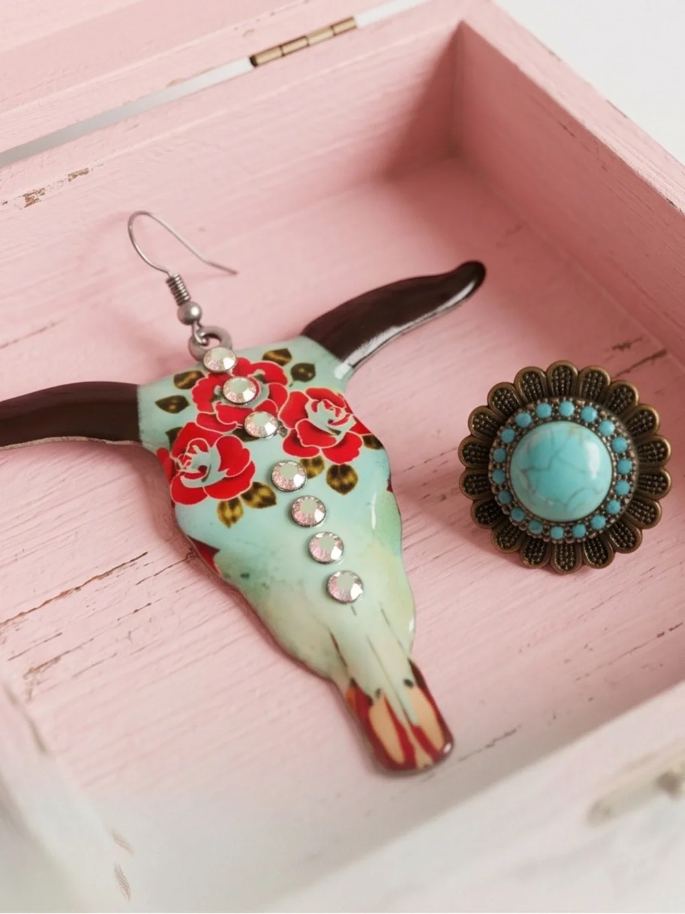 3 Pc Southwestern longhorn skull earrings, ring, and bracelet jewelry bundle